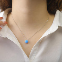 Load image into Gallery viewer, model showcasing Blue Opal Round Halo Necklace - FineColorJewels