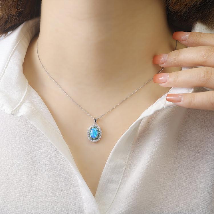 Blue Opal Oval Halo Necklace - FineColorJewels