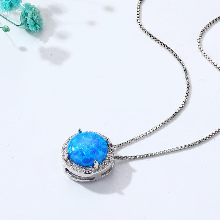 Blue Opal Round Halo Necklace opal necklace blue opal necklace opal charm necklace October birthdaygift opal pendant opal jewelry best gift for women best gift for girls Valentine's Day gift Christmas gift sterling silverchain round opal pendant Blue Opal Pendant - FineColorJewels