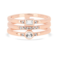 Load image into Gallery viewer, White Sapphire Rose Gold Three Band Fashion Ring, multilayer criss cross ring, white sapphire ring
