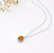 Load image into Gallery viewer, Oval Citrine Halo Pendant Silver Chain Golden Gemstone Best Valentines Gifts Natural Citrine Pendant Necklace - FineColorJewels 