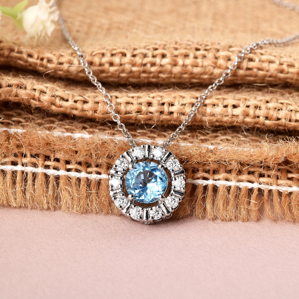 Natural Blue Topaz Round Halo Pendant Necklace