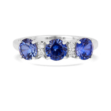 Load image into Gallery viewer, Ceylon Sapphire Three Stone Ring, elegant sapphire ring design, eternity ring design, sapphire moissanite ring design, september birthstone ring 
