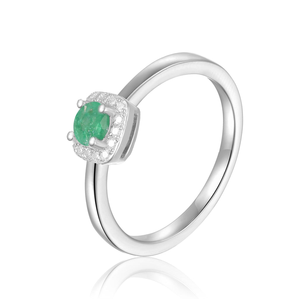 Natural Emerald Halo Solitaire Ring with Accents in 925 Sterling Silver - FineColorJewels