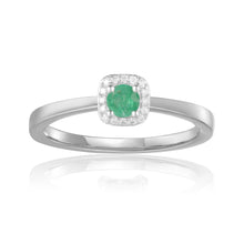 Load image into Gallery viewer, Natural Emerald Halo Solitaire Ring in Rhodium Plated Sterling Silver Dainty Stackable Ring Emerald Stacking Ring Gift For Women- FineColorJewels