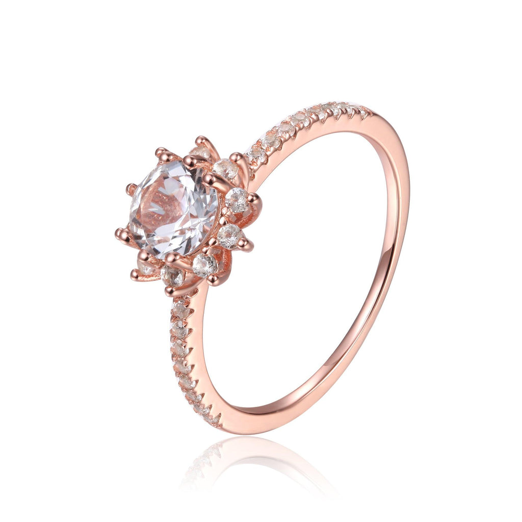 White Topaz Halo Wedding Ring, Natural White Topaz Floral Halo Ring For Women, Rose Gold Plated Sterling Silver Anniversary Ring, Gift for Mom