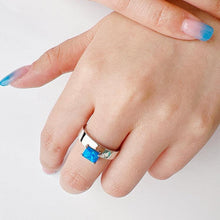 Load image into Gallery viewer, Octagon Cut Offset Rhodium Plated Ring Blue Opal Silver Ring - FineColorJewels