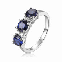 Load image into Gallery viewer, Blue Three Stone Round Sapphire Ring - FineColorJewels