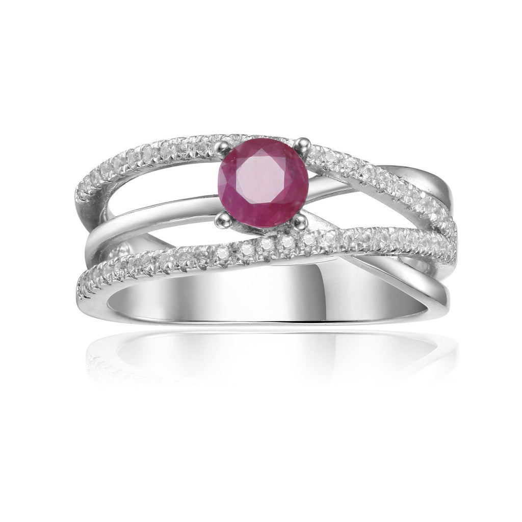 Round cut Genuine Ruby Engagement Ring with White Sapphire - FineColorJewels