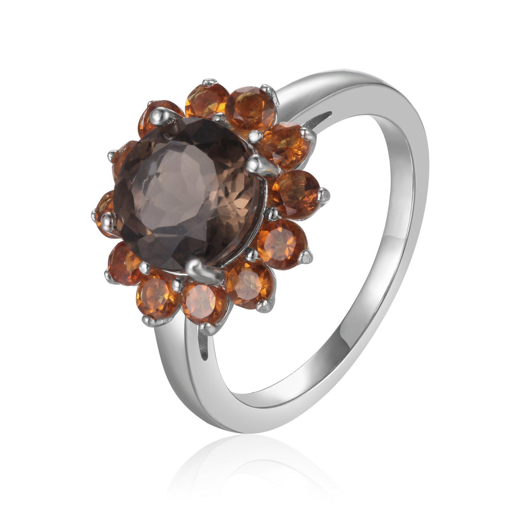 Sterling Silver Smoky Quartz with Citrine Ring - FineColorJewels