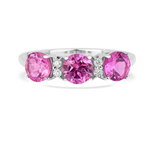 Load image into Gallery viewer, Pink Sapphire Three Stone Ring, Sapphire and topaz ring, eternity ring design, ring under $100, three gemstone ring design