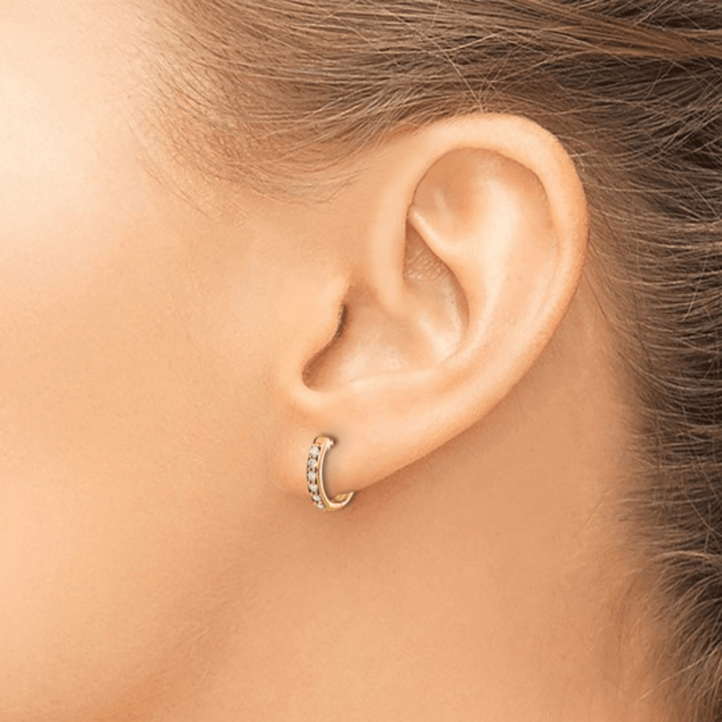 model wearing 14K gold diamond earrings, lab grown diamond earrings, lab grown jewelry for gift, affordable diamond jewelry, gift for her