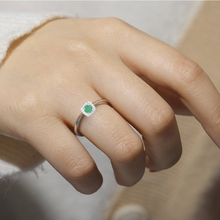 Load image into Gallery viewer, Emerald Halo Solitaire Ring in Rhodium Plated Sterling Silver Dainty Stackable Ring