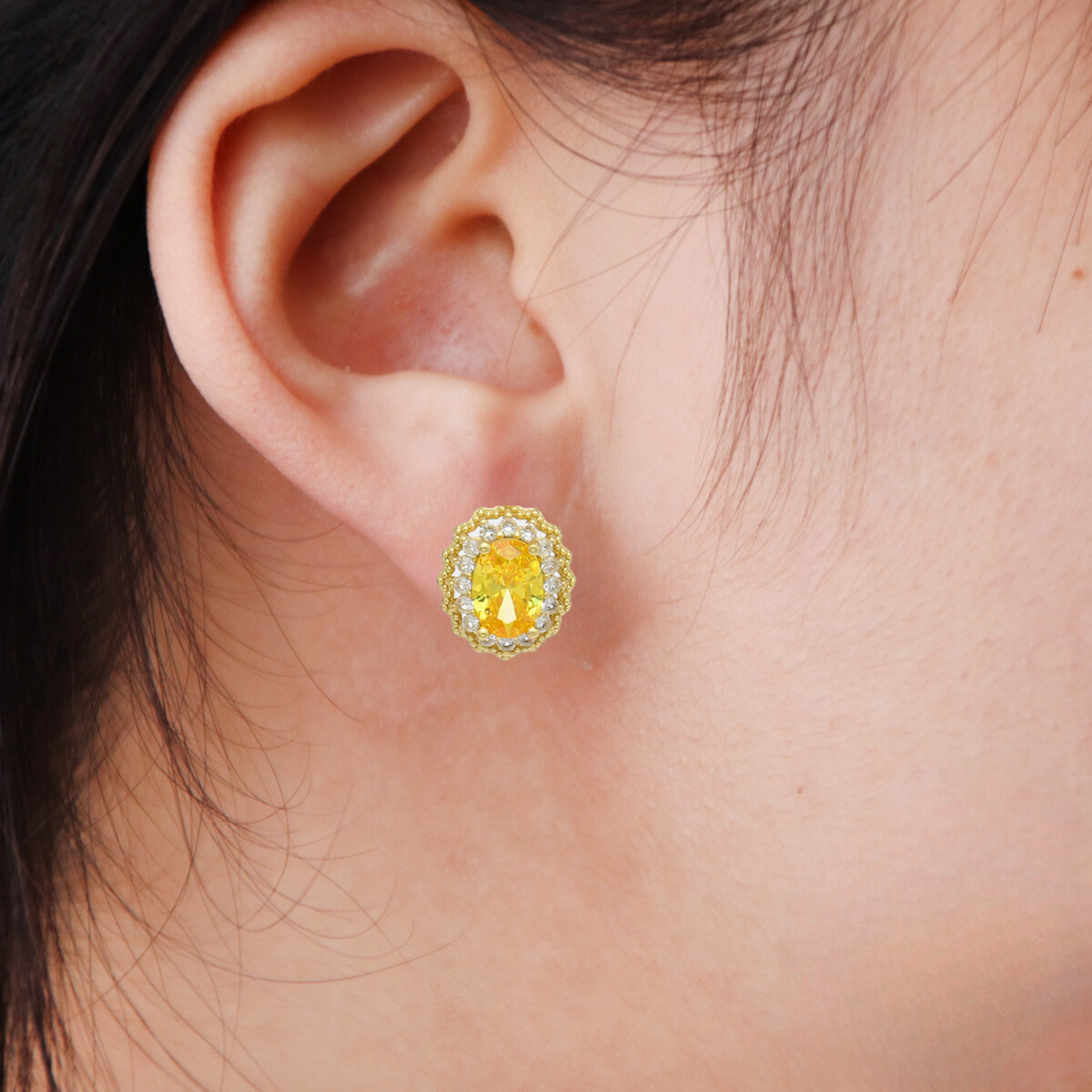 model wearing studs, model wearing citriine earrings, citrine studs image, white sapphire jewelry, gift for mom