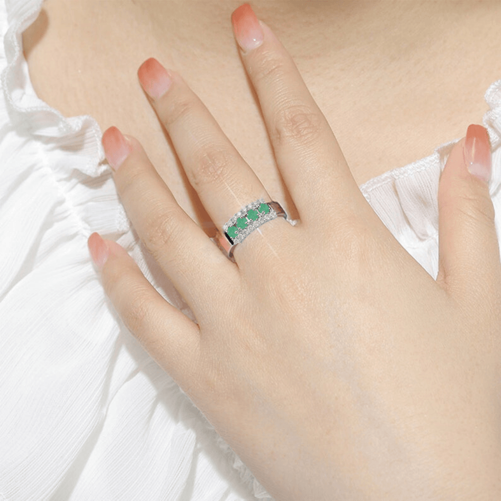 Emerald Statement Ring with Moissanite Sterling Silver Chunky Ring for Women Thick Band Ring Gift for Her Engagement Ring Gift