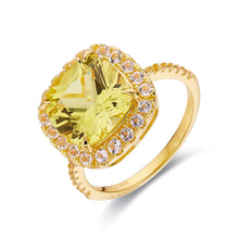 Load image into Gallery viewer, Sunset Glow Statement Ring Canary Yellow Sapphire Ring Yellow Cushion Halo Ring- FineColorJewels