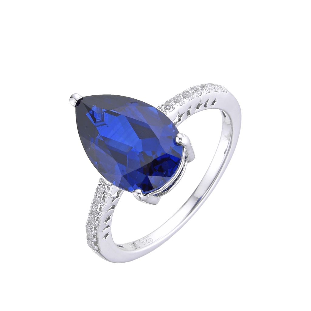 Lab Grown Blue Sapphire Teardrop Shaped Ring with White Topaz Accents -September Birthstone White Rhodium-Plated 925 Sterling Silver - FineColorJewels