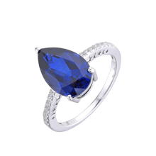 Load image into Gallery viewer, Lab Grown Blue Sapphire Teardrop Shaped Ring with White Topaz Accents -September Birthstone White Rhodium-Plated 925 Sterling Silver - FineColorJewels