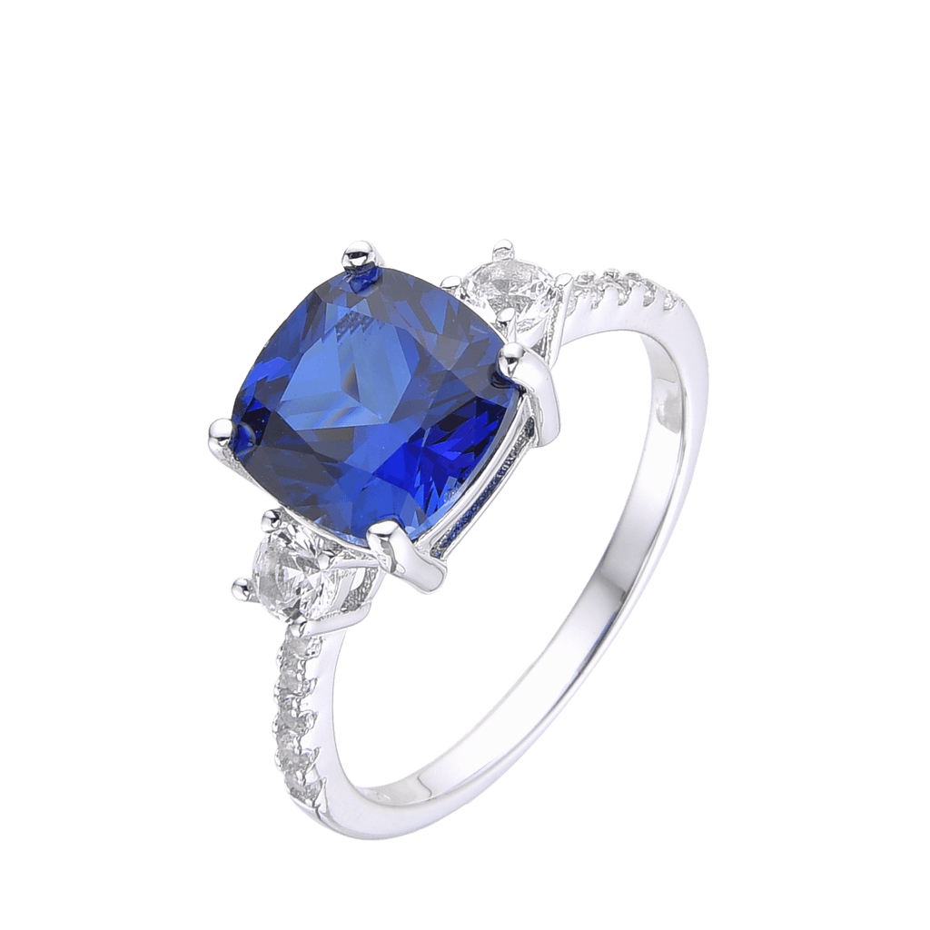 Lab Grown Cushion Cut Blue Sapphire Statement Engagement Ring with White Topaz Accents -September Birthstone White Rhodium-Plated 925 Sterling Silver - FineColorJewels