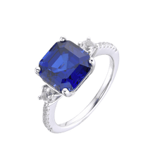 Load image into Gallery viewer, Lab Grown Asscher Cut Blue Sapphire Ring with White Topaz Accents -September Birthstone White Rhodium-Plated 925 Sterling Silver - FineColorJewels