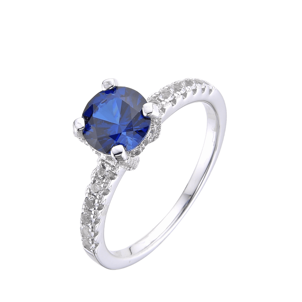 Lab Grown Blue Sapphire Round Solitare Engagement Ring with White Topaz Accents -September Birthstone White Rhodium-Plated 925 Sterling Silver - FineColorJewels