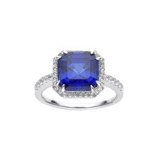 Load image into Gallery viewer, Lab Grown Asscher Cut Blue Sapphire Halo Ring with Round White Topaz Accents -September Birthstone White Rhodium-Plated 925 Sterling Silver - FineColorJewels