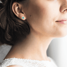 Load image into Gallery viewer, Mortal showcasing Genuine Emerald Halo Earrings with Moissanite Accents Silver Stud Earrings  Birthstone Earrings Affordable Jewelry  Gift Ideas for Her