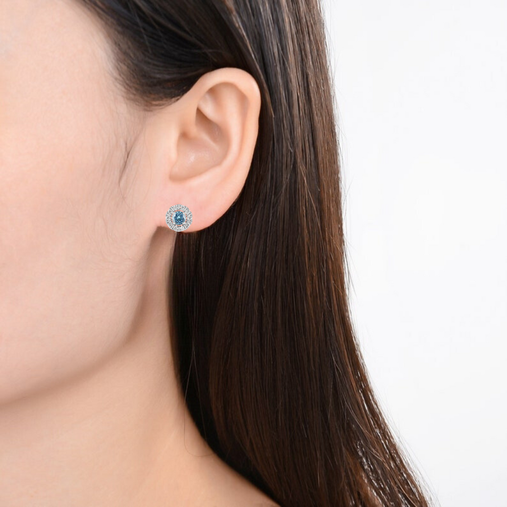 Natural Blue Topaz Halo Stud Earrings