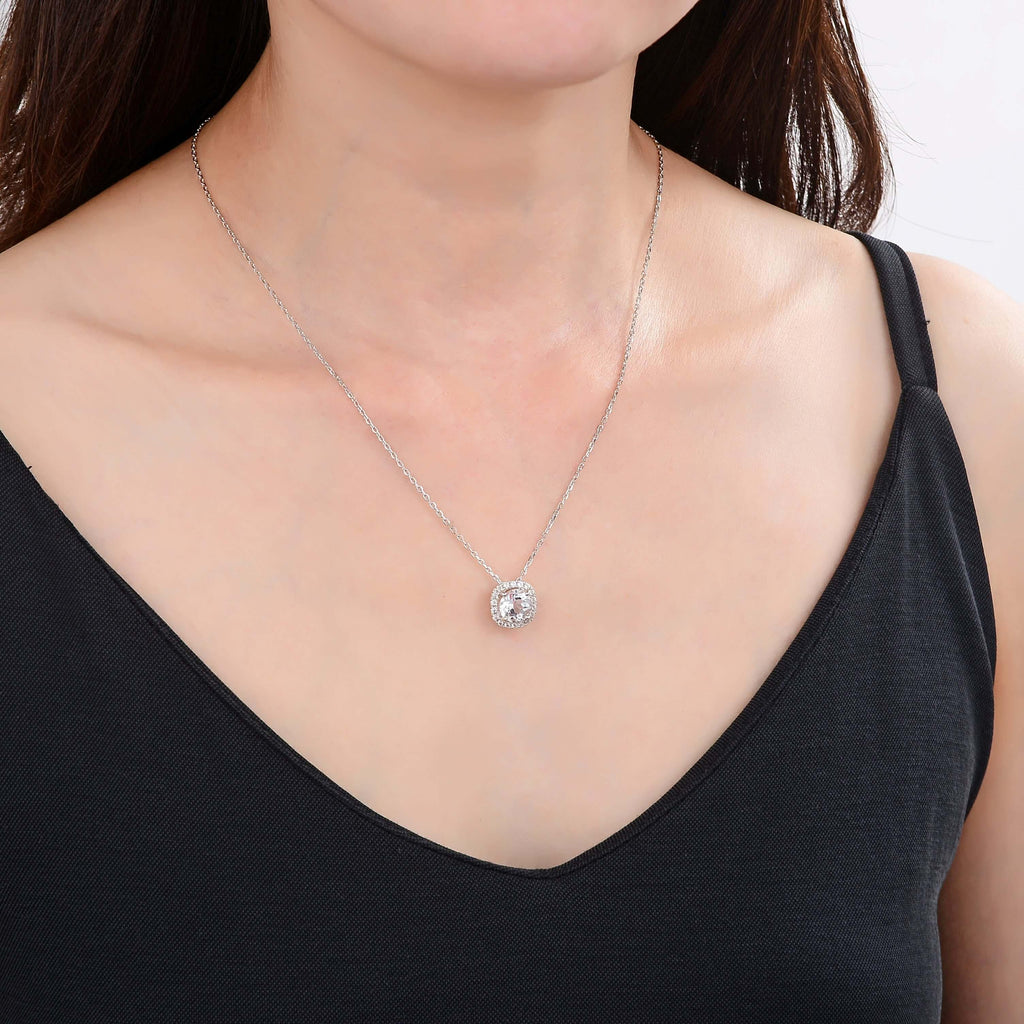 model showcasing Signature Round White Topaz Pendant.$ 50 & Under, White Topaz, White, Round, 925 Sterling Silver, Halo