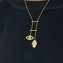 Load image into Gallery viewer, Gold Plated Hamsa Emerald Evil Eye Necklace Eye of Protection Hamsa Necklace for Women Emerald Evil Eye Necklace Womens Day Gift For Her- FineColorJewels