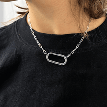 Load image into Gallery viewer, model showcasing  Genuine Sapphire Linked Pendant Necklace Oval Shape Necklace Open Bar Necklace Blue Sapphire Pendant Silver Oval Link Chain teens Necklace- FineColorJewels