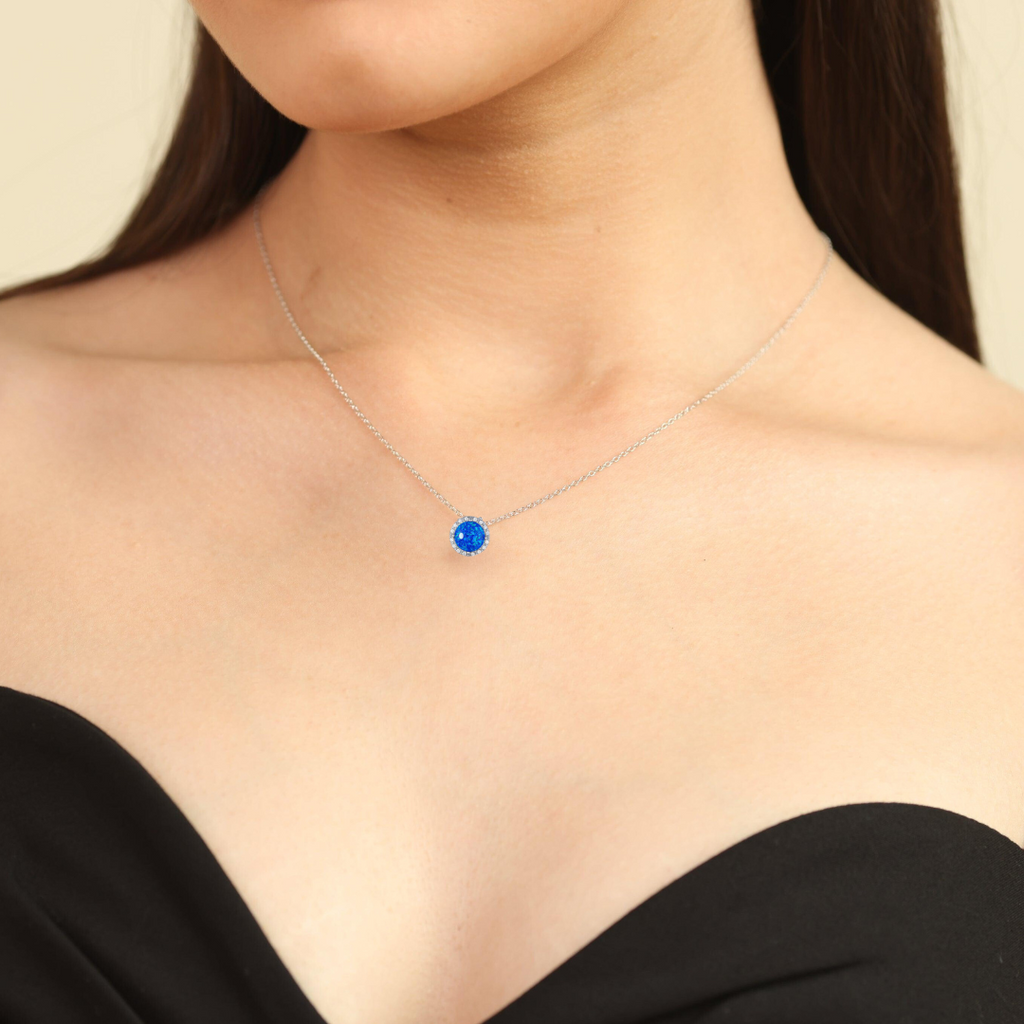 model showcasing Blue Opal Pendant Gift For Her October Birthstone Dainty Necklace Adjustable Chain silver necklace For Women