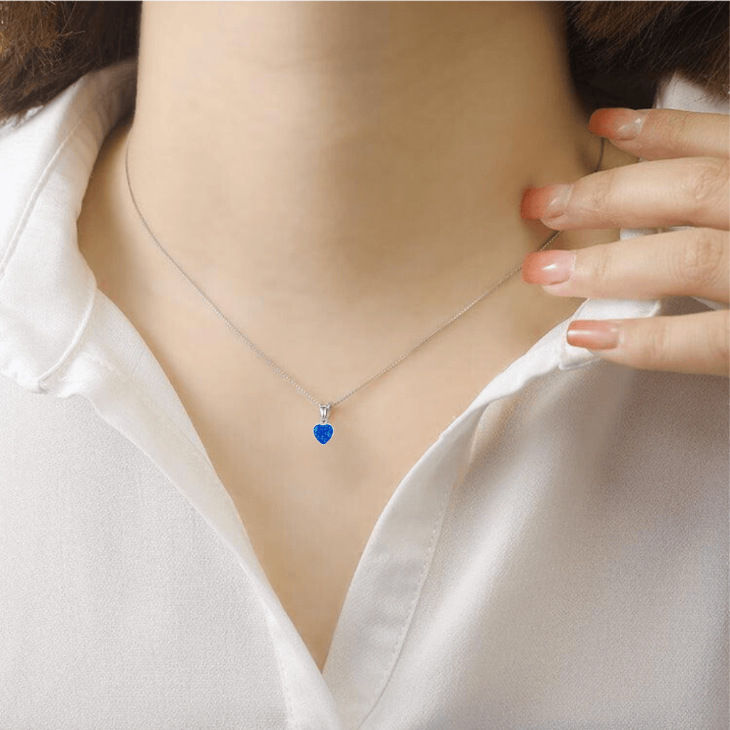 model showcasing Blue Opal Heart Pendant Necklace Sterling Silver Adjustable Chain Best Valentines Day Gift For Her Lab Grown Opal Heart Pendant