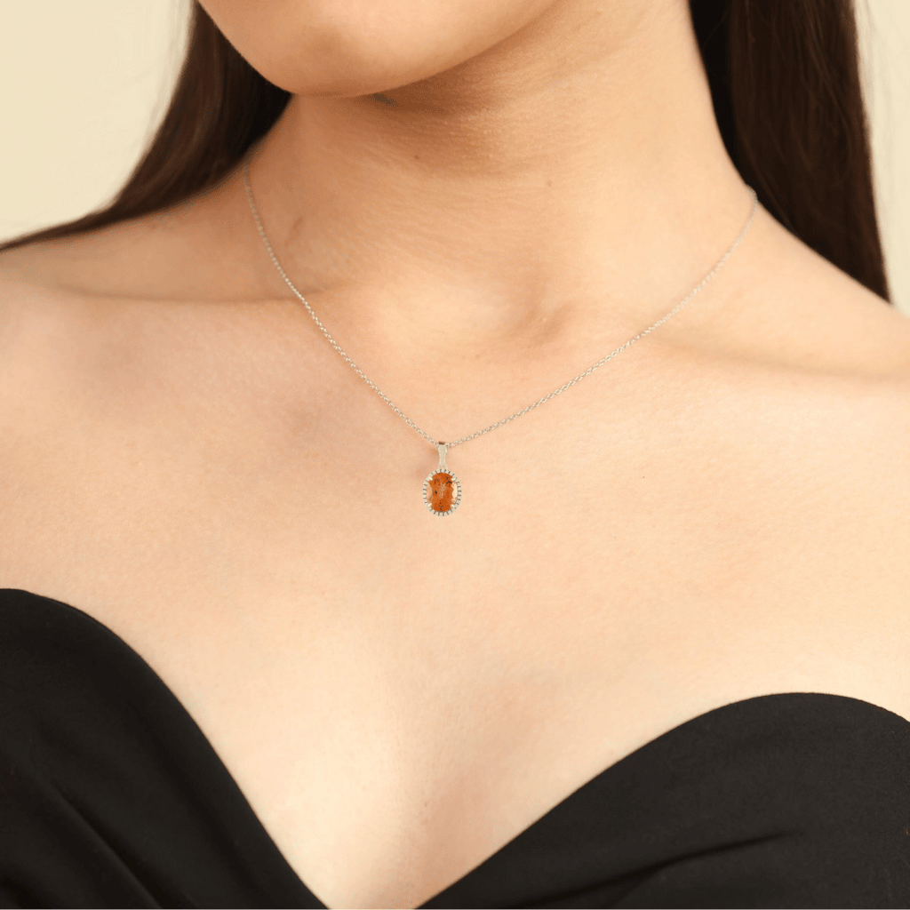 model showcasing November Birthstone christmas gift gift for girls thanksgiving gift pendant necklace Citrine Pendant Halo Pendant Trendy Necklace gemstone pendant bridesmaid gift handmade pendant Valentine's Day gift Mothers day gift