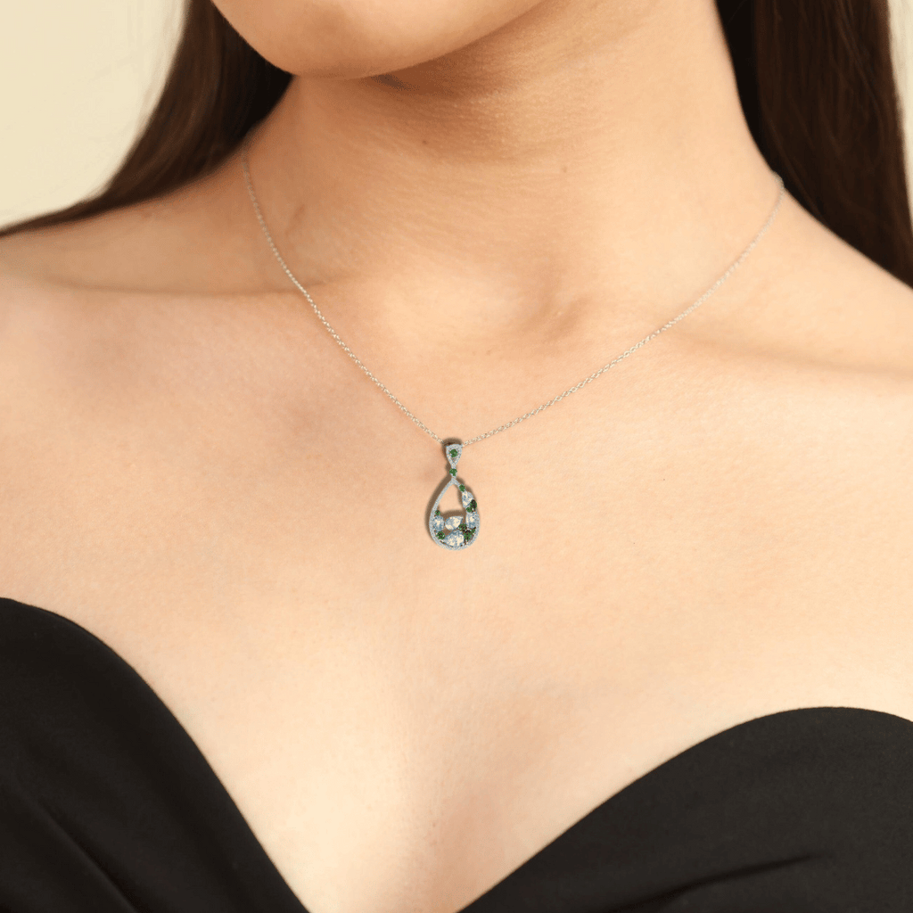 model showcasing Teardrop Pendant Sterling Silver Blue Topaz Diopside Pendant Gift for Women