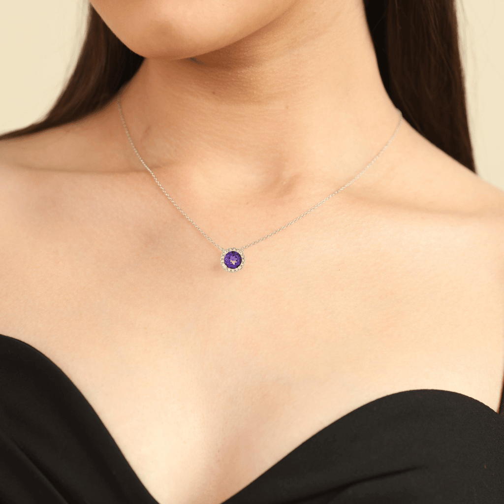 model showcasing Purple Amethyst Halo pendant february birthstone Anniversary Gift Minimalist jewelry office wear necklace amethyst necklace Enagagement Gift Birthstone gift Purple pendant chain work wear necklace purple jewel for her christmas gift