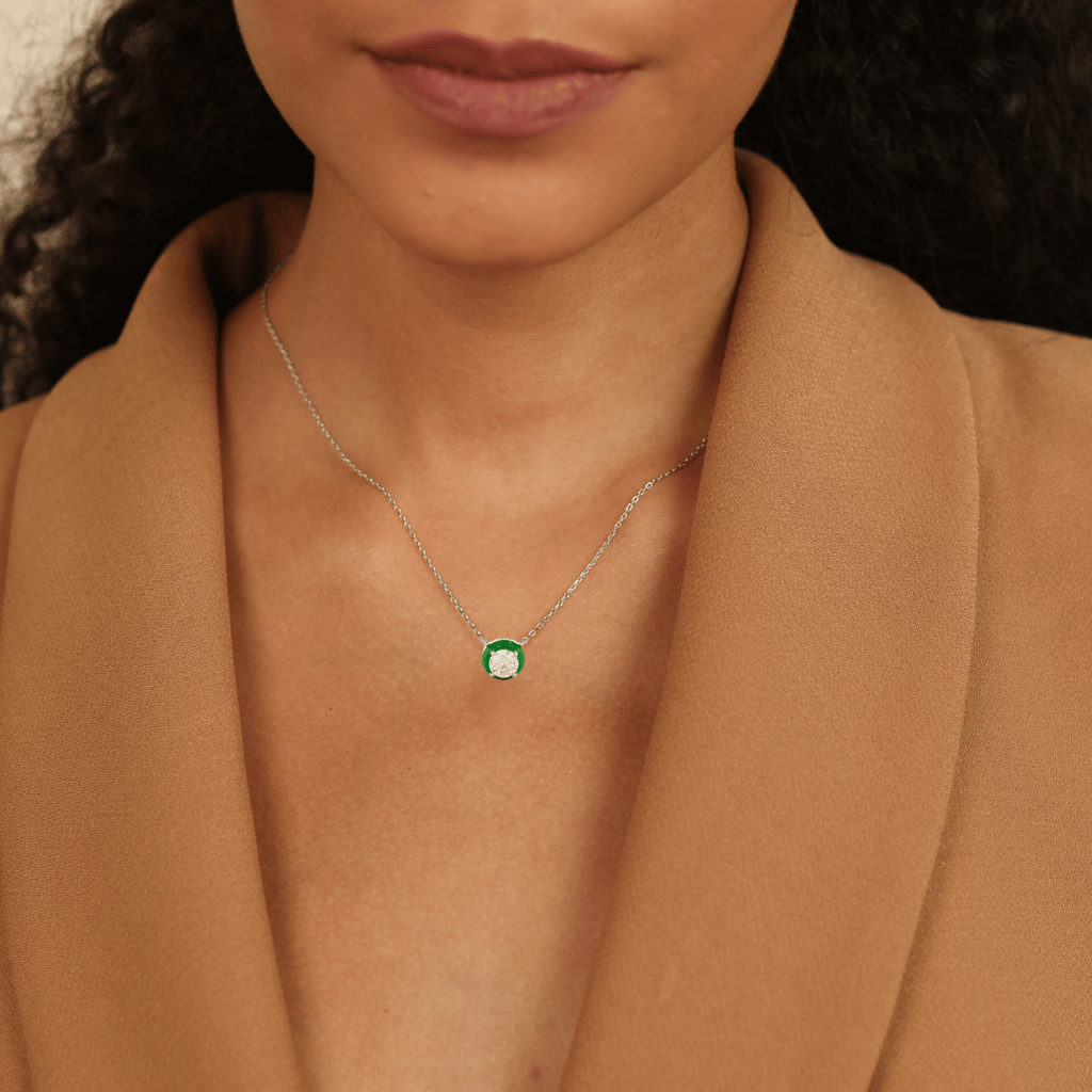 model showcasing Lab Grown Moissanite Pendant Circle Pendant Necklace Dainty Sterling Silver Necklace Round Green Enamel Pendant Birthday