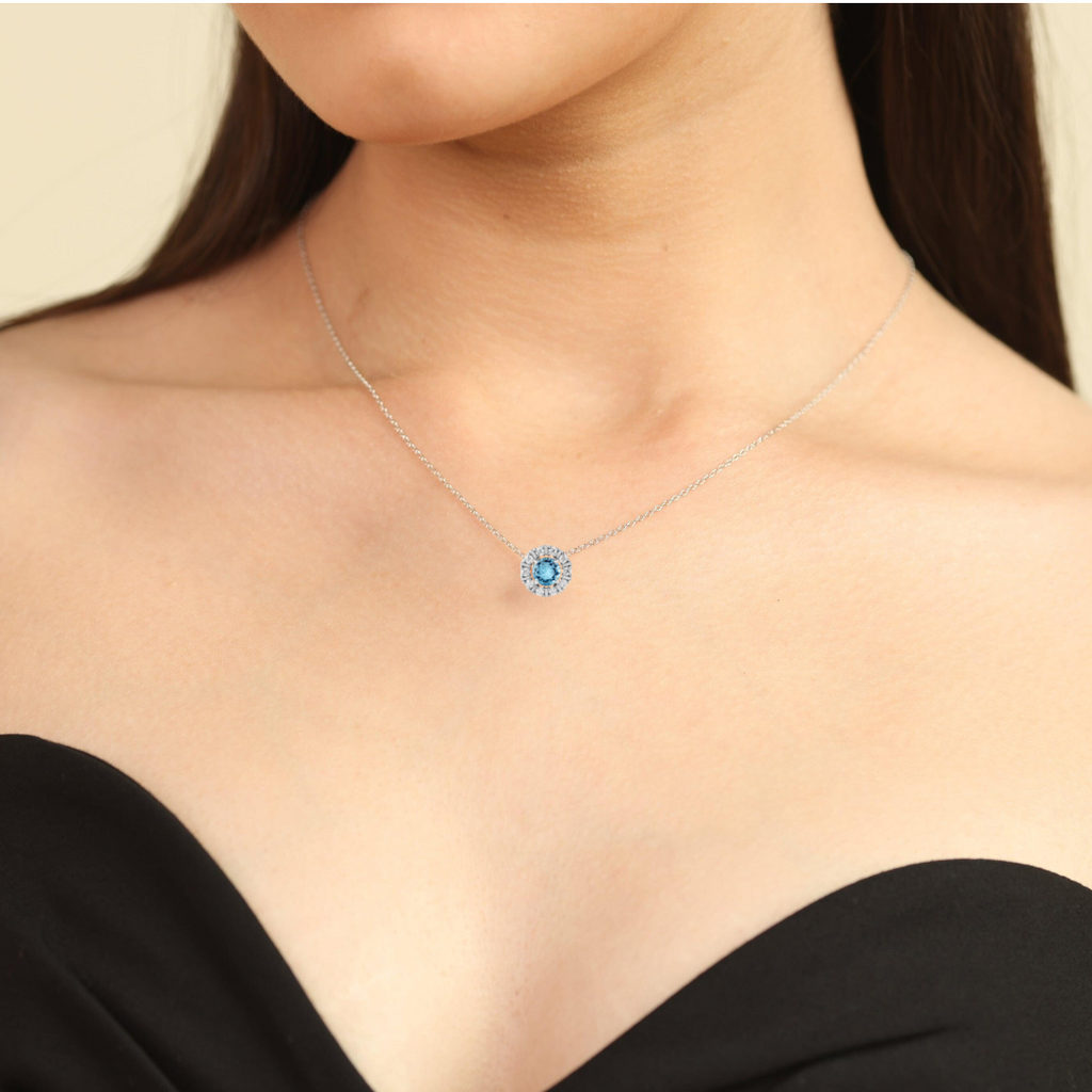 Natural Blue Topaz Round Halo Pendant Necklace