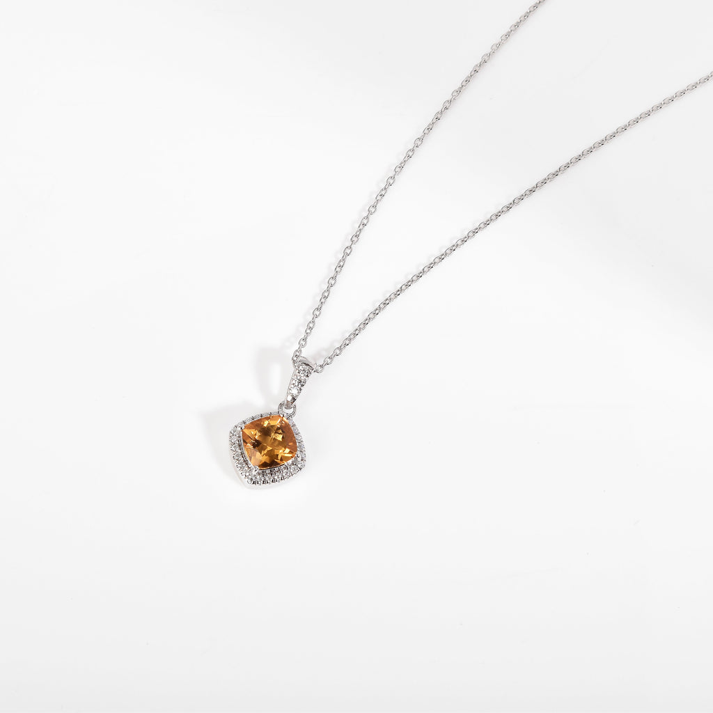 Natural Citrine Cushion Halo Pendant Necklace