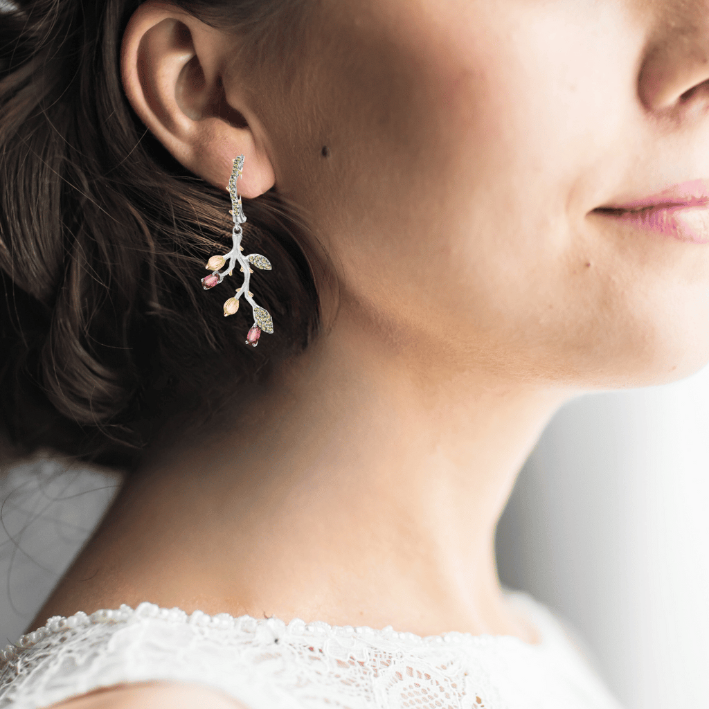 Rhodolite Garnet Leaf Dangling Earrings