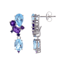 Load image into Gallery viewer, Classic Sterling Silver Blue Topaz and Amethyst Earrings.
$ 50 - 100, Blue Topaz, Amethyst, Purple, Blue, Oval, Pear, 925 Sterling Silver, Dangle