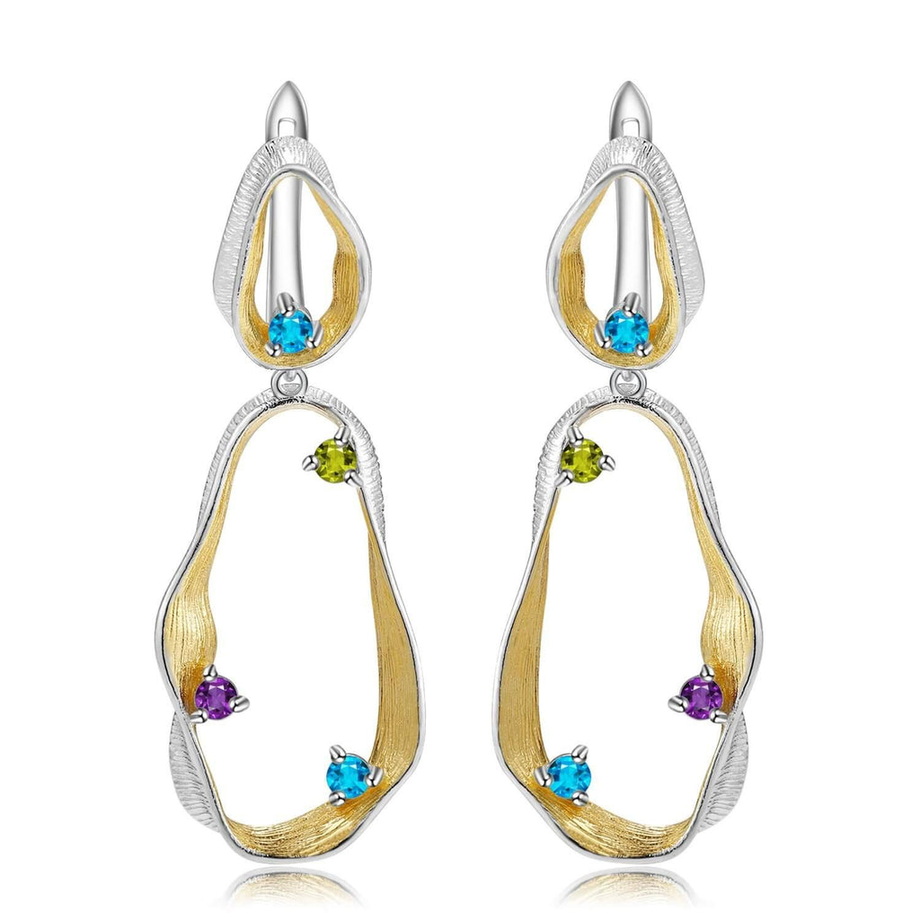 Signature Rhodium and Gold Plated Earrings.
$ 50 - 100, Blue Topaz, Peridot, Amethyst, Round, 925 Sterling Silver, Dangle, Hoop