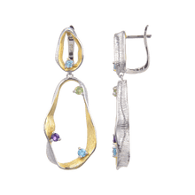 Load image into Gallery viewer, Signature Rhodium and Gold Plated Earrings.
$ 50 - 100, Blue Topaz, Peridot, Amethyst, Round, 925 Sterling Silver, Dangle, Hoop