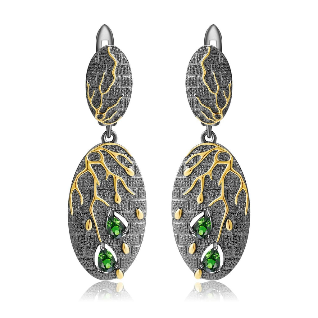 Artisan Gold Plated Dangling Diopside Earrings, $ 50 - 100, Green, Pear, 925 Sterling Silver, 925 Sterling Silver - Gold Plated Yellow, Dangle, Drop