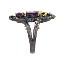 Load image into Gallery viewer, Exotic Nature Inspired Amethyst Ring.
$ 50 - 100, Amethyst, Purple, Green, Oval, Pear, 925 Sterling Silver, Cocktail 
