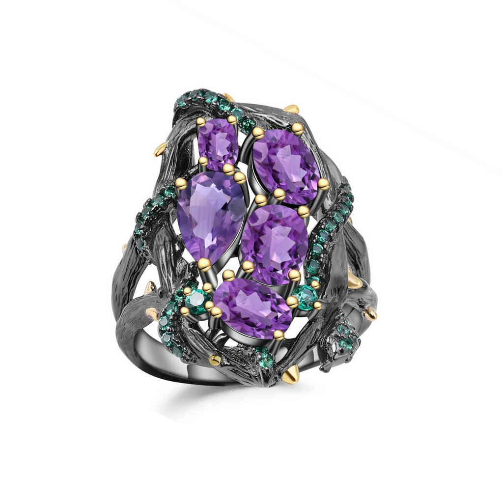 amethyst cocktail ring, exotic cocktail ring, statement ring, oval and pear amethyst, green and purple gemstone, statement ring designs, affordable ring designs, gift for her