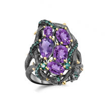 Load image into Gallery viewer, amethyst cocktail ring, exotic cocktail ring, statement ring, oval and pear amethyst, green and purple gemstone, statement ring designs, affordable ring designs, gift for her