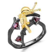 Load image into Gallery viewer, Exotic Nature Inspired Garent Gold Plated Robin Ring.
$ 50 &amp; Under, Garnet, Red, Round, 925 Sterling Silver, 925 Sterling Silver Ð Gold Plated Yellow, Fashion