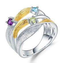 Load image into Gallery viewer, Signature Rhodium and Gold Plated Ring.
$ 50 - 100, Blue Topaz, Peridot, Amethyst, Round, 925 Sterling Silver, Dangle, Fashion