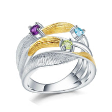 Load image into Gallery viewer, Natural multicolor gemstone ring, amethyst, peridot, statement ring design, unique ring for her, multilayer ring